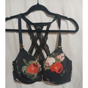 Cacique Black Bra Witg Flowers Lace Back Size 42DD Wire Bra
